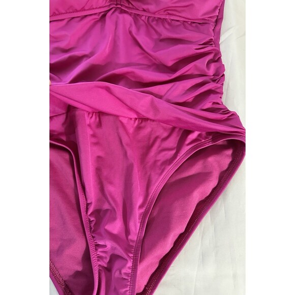 2 Bamboo Swimsuit 1PC Pink Ruched Bandeau Halter Strap Padded Bra Size 10 NWT - Picture 2 of 11